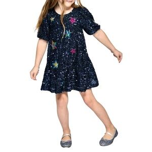 Hannah Banana Navy Sequin Star Party Dress with Colorful Stars